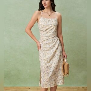 Rihoas Yellow Floral Ruched Slip Midi Dress